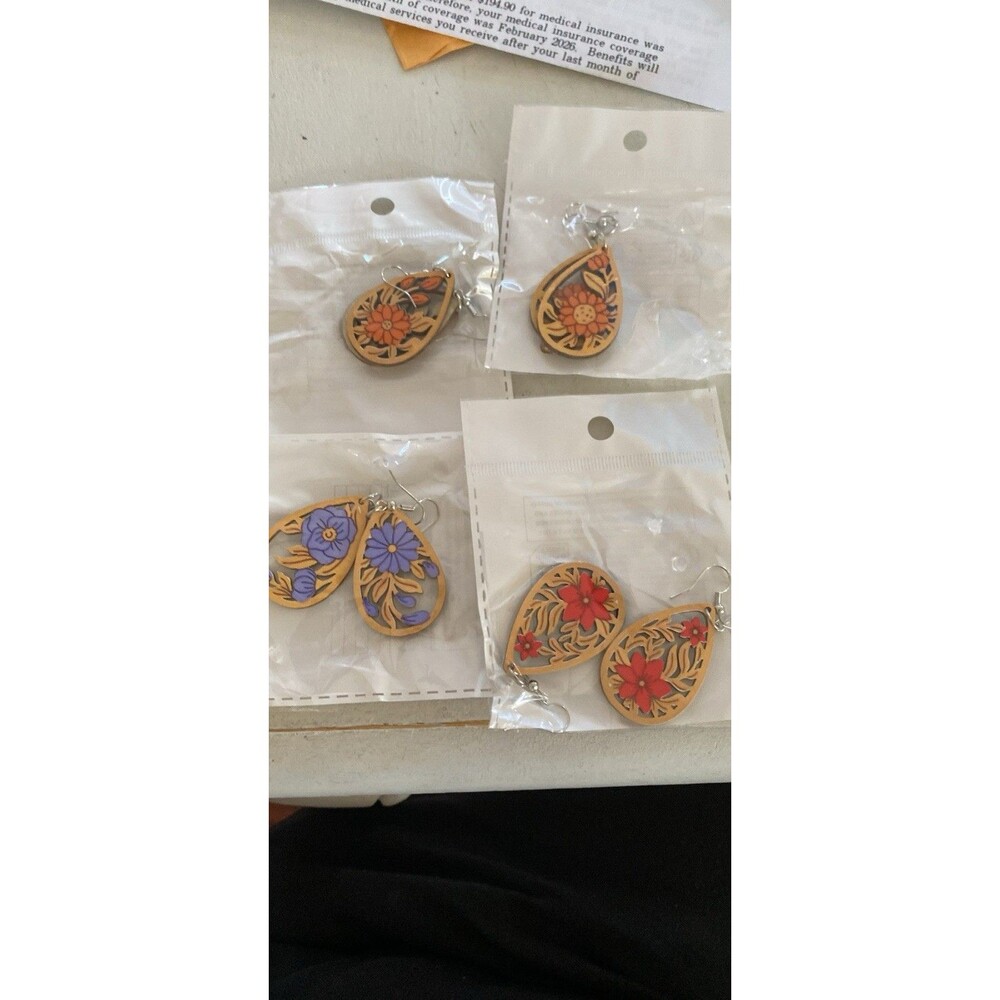 Earrings Floral Lot Of 4 Pairs Wooden New